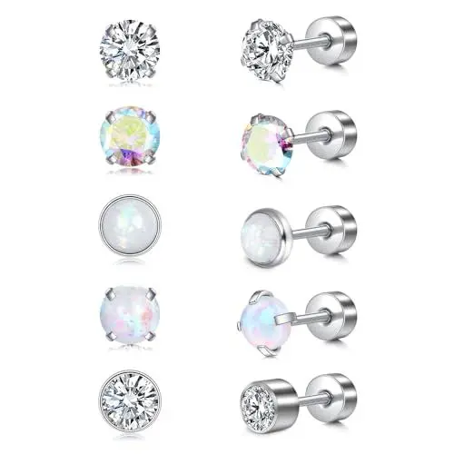 Produktbild: NIUSIMAN Tragus Piercing Ohr Schmuck Silber Ohrringe für Frauen 5 Paar Knorpel Ohrringe Opal Regenbogen Helix Lippe Ohr Conch Rook Piercing Schmuck mit flachen Back Studs Ohrringe für Frauen Männer