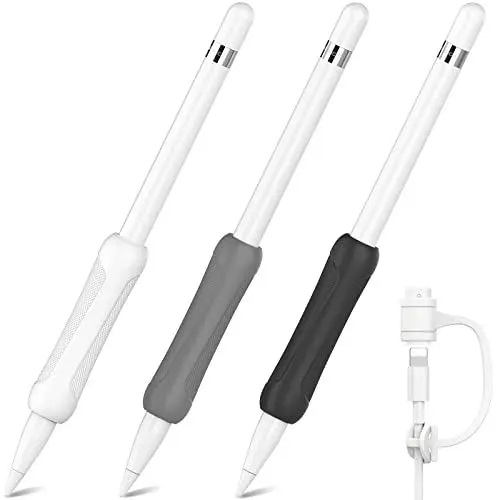 Produktbild: NIUTRENDZ Silikon Griff für Apple Pencil 1. Generation 3 Stück Apple Pencil Hülle Zubehör Ergonomisches Design Ärmel Halter<strong>Kabeladapter-Tether Hinzugefügt:</strong> (Apple Pencil 1st, Weiß+Grau+Schwarz)