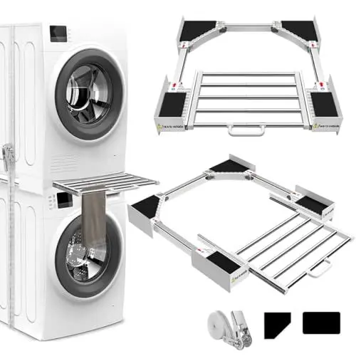 Produktbild: NIUXX Zwischenbaurahmen mit Wäscheleine, verbindungsrahmen waschmaschine trockner universal, Verbindungsrahmen Zwischenbausatz mit ausziehbarer Handtuchhalter, Einstellbare Größe（53-68cm）