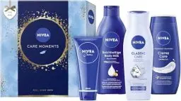 Produktbild: NIVEA Care Moments Geschenkset, Pflegeset mit feuchtigkeitsspendenden Pflegeprodukten, Geschenkbox mit Pflegedusche, Shampoo, Body Milk und NIVEA Creme
