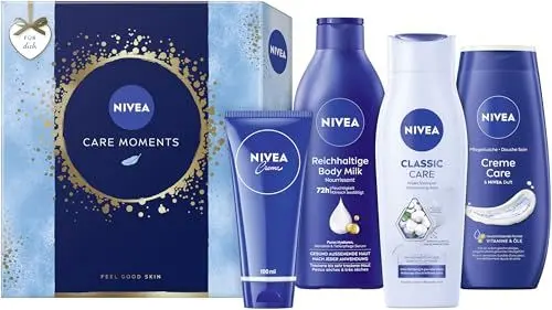Produktbild: NIVEA Care Moments Geschenkset, Pflegeset mit feuchtigkeitsspendenden Pflegeprodukten, Geschenkbox mit Pflegedusche, Shampoo, Body Milk und NIVEA Creme