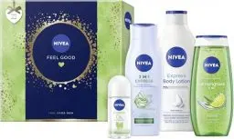 Produktbild: NIVEA Feel Good Geschenkset, Pflegeset mit feuchtigkeitsspendenden Pflegeprodukten, Geschenkbox mit Bodylotion, Pflegedusche, Deo Roll-On und Shampoo