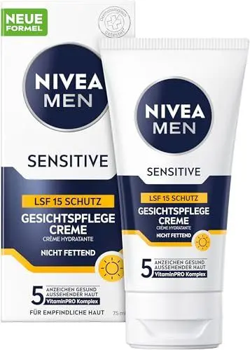 Produktbild: NIVEA MEN Sensitive Gesichtspflege Creme mit LSF 15, 24h Feuchtigkeitscreme für empfindliche Männerhaut, beruhigende Gesichtscreme zur Linderung von Hautirritationen (75 ml)