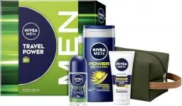 Produktbild: NIVEA MEN Travel Power Geschenkset, Pflegeset mit Pflegeprodukten für unterwegs, Set mit NIVEA MEN Duschgel, Deo Roll-on, Gesichtspflege Creme und Kulturtasche