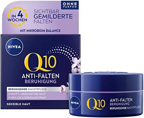 Produktbild: NIVEA Q10 Anti-Falten Beruhigung Nachtpflege (50 ml), feuchtigkeitsspendende Nachtcreme mit purem Q10 und Süßholzextrakt, Gesichtspflege Creme für sensible Haut