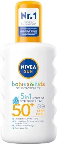 Produktbild: NIVEA SUN Babies & Kids Sensitiv Schutz Sonnenspray LSF 50+ (200 ml), extra wasserfestes Sonnencreme Spray für Kinder, Sonnenmilch als praktisches Spray ohne Parfüm