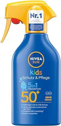 Produktbild: NIVEA SUN Kids Schutz & Pflege 5in1 Hautschutz LSF 50+ Sonnenspray (250 ml), hoher Sonnenschutz mit Bio-Mandelöl, extra wasserfeste Sonnencreme für empfindliche Haut