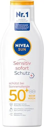 Produktbild: NIVEA SUN Sensitiv Sofortschutz Sonnenlotion LSF 50+ (200 ml), Sonnencreme mit LSF 50+ für empfindliche Haut, wasserfester & parfümfreier Sonnenschutz bei Sonnenallergie