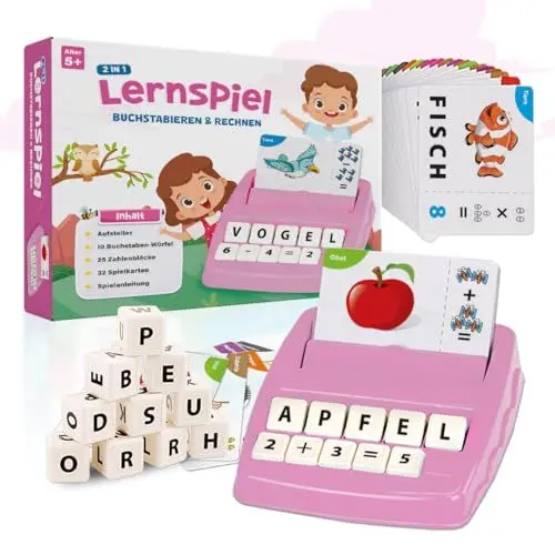 Produktbild: Buchstaben Lernspiel ABC Montessori Lernen ab 4 5 6 Jahre Vorschule Zahlen Rechnen Schulanfänger 1 Klasse Geschenk für Vorschulkind Lernspielzeug Einschulung (Rosa)