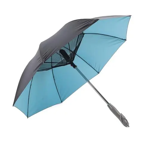 Produktbild: NIZUUONE Sun Regenschirm mit Nebelfan, UPF 50+ Langgangs Sonnenschirm für Festival Beach Sommeraktivitäten (Äußere Schwarze innere Blau)
