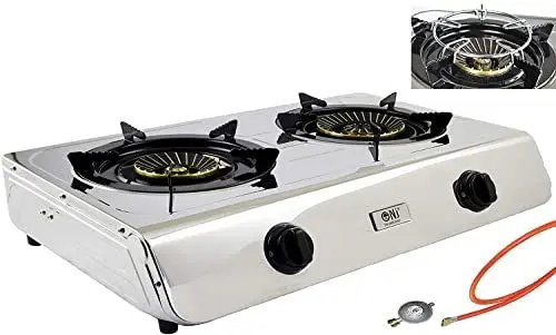 Produktbild: NJ-60SD Edelstahl Gaskocher 2 flammig Campingkocher 7,6 KW mit Zündsicherung 60cm mit Turboflamme inkl. Gasherdkreuz + Gasschlauch-Regler Set