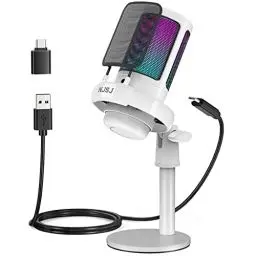 Produktbild: NJSJ Gaming Mikrofon PC, USB Microphone für PC/PS4/PS5/Mac/Telefon, Kondensatormikrofon USBC mit Touch-Stummschaltung, Brillante RGB-Beleuchtung, Kopfhöreranschluss für Podcasting(Weiß)