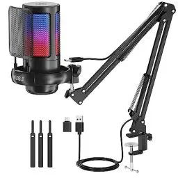 Produktbild: NJSJ Gaming Mikrofon PC mit Arm, USB Microphone für MAC PS4 PS5 mit Stummschalttaste, Popfilter, RGB Mikrofon für YouTube Twitch Podcast Streaming Studio, Schwarz mit Arm