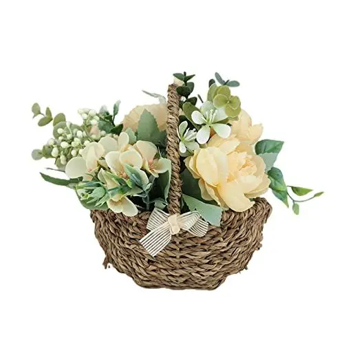 Produktbild: NLDGR Blumenmädchenkorb, Rattan-Blumenkorb, Handgewebter Korb, Hochzeits-Blumenmädchenkörbe mit Blume, Künstliche Kunstblumen Im Topf für Bürozimmer (5)