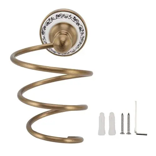 Produktbild: NLDGR Fönhalter Antik Messing Badezimmer Föhnständer Retro Haarpflege Styling Werkzeughalter Wandmontierte Spirale Föhnhalter Hängendes Lagerregal Badezimmer Organizer für Elektrisches Gebläse