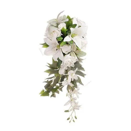 Produktbild: NLDGR Hochzeitsstrauß in Wassertropfenform für Braut und Brautjungfer, Weiße Champagner-Kunstrosen, Runde Brautsträuße für Hochzeit, Zeremonie, Jubiläum usw. (Lilies)