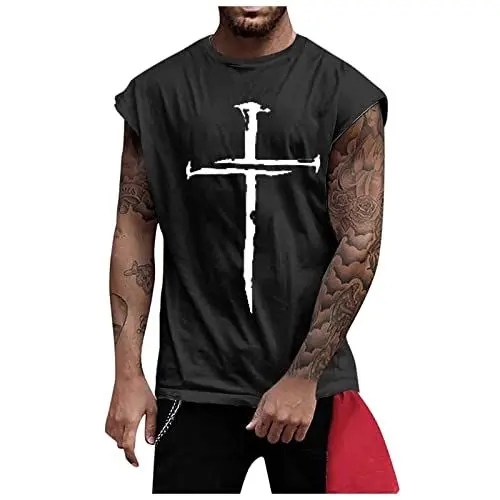 Produktbild: NLJSWJ Tank Top Herren Mode Ströme Freizeit Kreuz Druck Ärmelloses Rundhalsausschnitt Dünnes Tankshirts Übergröße Einfaches Baggy Sportlicher Stil Atmungsaktive und Schnelltrocknendes Weste