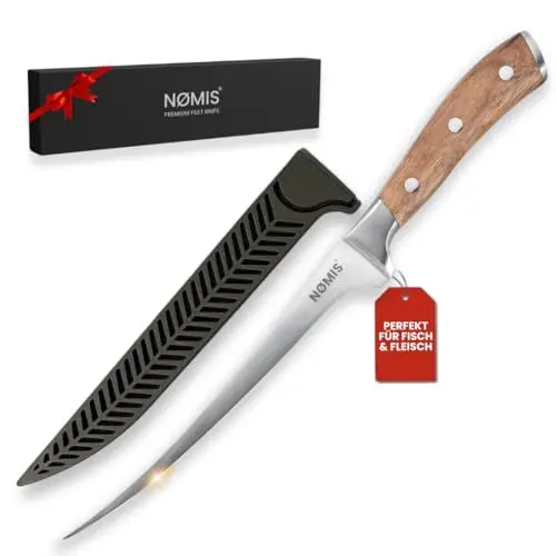 Produktbild: NØMIS Premium Filetiermesser Fisch | Filitiermesser scharf Fisch | Fischmesser | 18,5 cm Klinge aus Deutschem Edelstahl | Ausbeinmesser Profi für Fisch und Fleisch | Griff aus Zebraholz