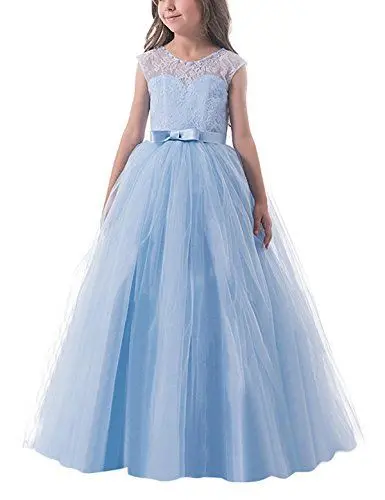 Produktbild: NNJXD Mädchen Kinder Spitze Tüll Hochzeit Kleid Prinzessin Kleider Größe (130) 6-7 Jahre Blau