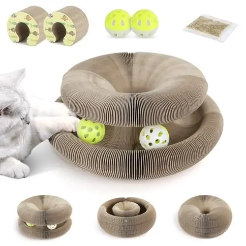 Produktbild: Nobleza 2 Pack Magic Organ Katzen Kratzbretter, 2-in-1 Cat Kratzbrett mit Glöckchen, Foldable Convenient Cat Scratcher Durable Recyclable, Katzenspielzeug Intelligenz Intelligenzspielzeug, 11*10*6.8CM