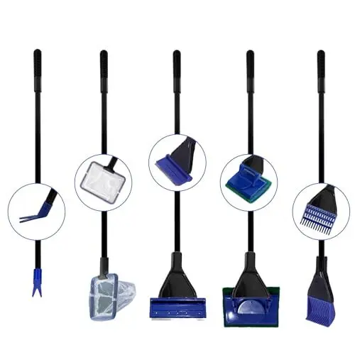 Produktbild: Nobleza Aquarium-Reinigungsset, 5-in-1 Reinigungszubehör für Aquarium mit Fischnetz, Algenschaber (Rostfreier Stahl), Kiesbesen, Schwammbürste, Wasserpflanzen-Gabel