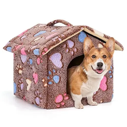 Produktbild: Nobleza Hundehütte für Hunde Katzen, Winterfest Hundehaus 53x50x43cm L, Tragbare Haustier Hundehöhle, Abnehmbar Katzenhaus, Waschbar Schlafplatz, Hundebett mit Abnehmbarem Matratze, Braun