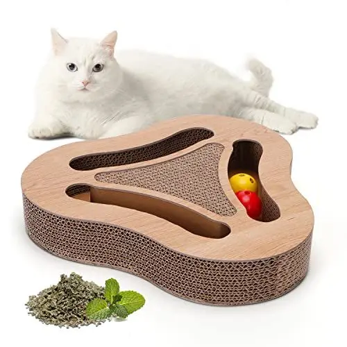Produktbild: Nobleza Katzen kratzbrett mit Minze，Katzenspielzeug Interaktives mit 2 Klingelballs，3 in 1 Wellpappe Kratzmatte Katze