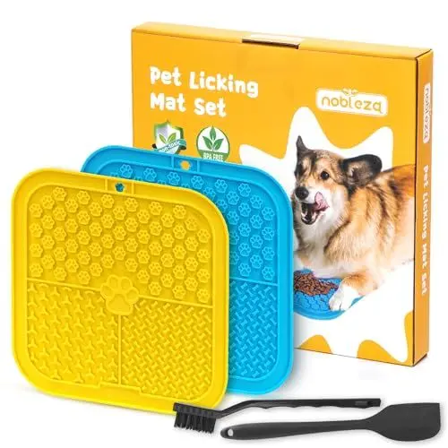 Produktbild: Nobleza Leckmatte für Hund, 2 Stück, Mit Silikon Spatel und Bürste, Slow Feeder Leckmatte für Baden, Lick Mat für Katze Welpen, Gelb und Blau