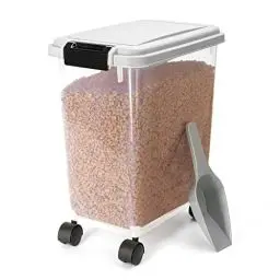 Produktbild: Nobleza - Futterbehälter für Haustiere, 20 L, für Haustiere, Lebensmittelbox mit Rädern, Klappdeckel, Luftdicht, Transparent, Rollen und Schaufel, für Hunde und Katzen, Grau