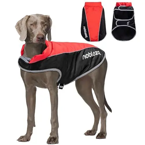Produktbild: Nobleza - Hundemantel Winter, Warmer Hundemantel Wasserdicht Winddicht, Hundekleidung mit Leinenlöchern, Winterjacke Hund mit Reflektorstreifen für Mittlere und Große Hunde (Rot, 4XL)