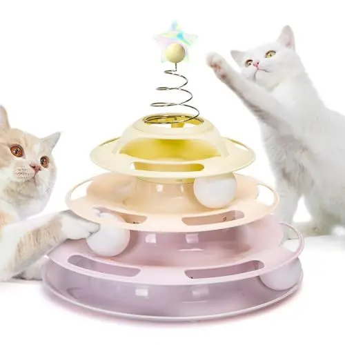 Produktbild: Nobleza - Interaktives Katzenspielzeug, 4-Stufiger Drehteller für Katzenspielzeug, Bälle mit 3 Bällen, Buntes Sternendesign Oben, Drinnen Katzenspielzeug Spielzeug, 25×25×25.5cm, Rosa