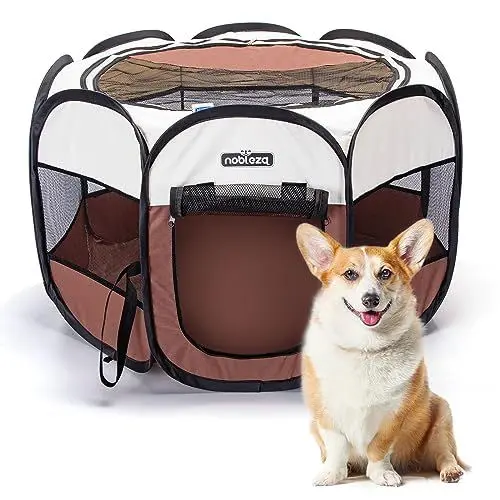 Produktbild: Nobleza - Welpenlaufstall Tierlaufstall Faltbar für Hunde, Oxford Wasserdichter Laufstall Tierlaufstall für Hunde Hasen Meerschweinchen Katzen für innern Oder Außen, 92x92x58cm(Braun)
