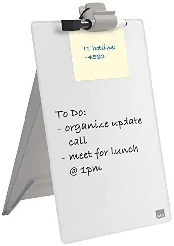 Produktbild: Nobo Glas-Whiteboard Desktop-Notizboard, Trocken Abwischbare Glas-Oberfläche, Tragbar, Rahmenlos, 216 x 297 mm, A4, Inkl. Markerstift und Abnehmbarem Clip, Brilliant Weiß, 1905173