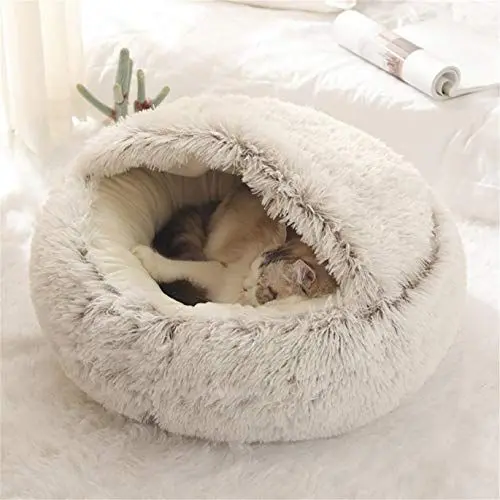 Produktbild: nobrands Flauschiges Katzenbett, rund, weiches Plüsch, Höhle mit Kapuze, für den Winter, warm, Schlafkissen, rutschfest, maschinenwaschbar, für Katzen und Welpen
