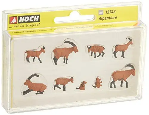 Produktbild: NOCH Alpentiere H0 Figuren Set handbemalt Modellbau 1:87 Miniaturfiguren für Modellbahn Diorama Landschaftsbau Steinbock Gämse Murmeltier Tiere (15742)
