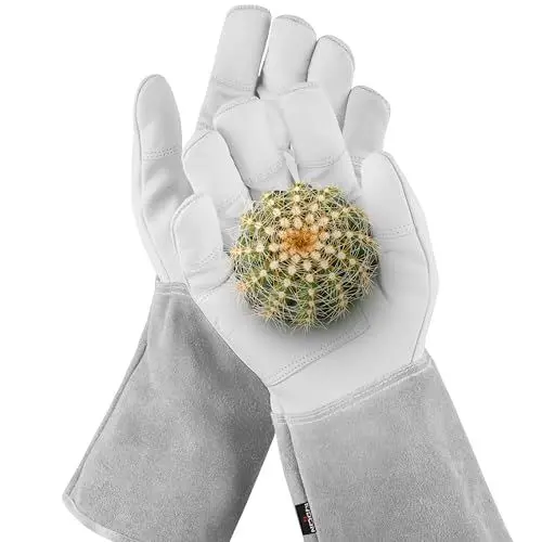 Produktbild: NoCry Leder Gartenhandschuhe für Damen und Herren - Dornenfeste Handschuhe mit extra langer Stulpe und verstärkten Handflächen und Fingerspitzen, Grau, Größe M