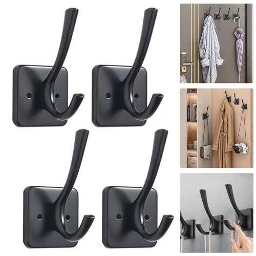 Produktbild: Noekye Garderobenhaken Kleiderhaken Hook Klebehaken Magische Tür Haken Wandhaken Selbstklebend zum Schrauben Schraubhaken Garderobenleiste Wand Schwarz, 4 Stück