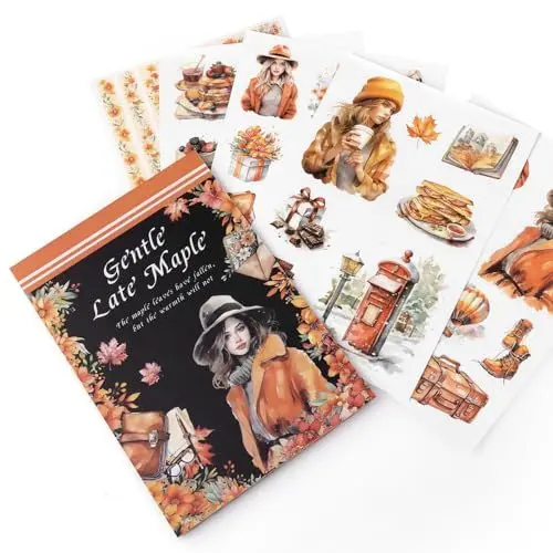 Produktbild: NOGAMOGA Scrapbook Sticker Buch, Ästhetische Herbstaufkleber für Scrapbooking, Journaling, Planer, Vorgestanzt Durchsichtig Aufkleber und Papiere, 20 Blatt, Orange
