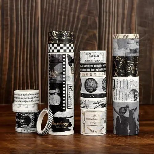 Produktbild: NOGAMOGA Washi Tape Set, 20 Rollen Schwarz-weißes Washi-Tape, Scrapbooking Zubehör, Breit Bastelband mit goldenen Akzenten, Washi Tapes für Journaling Fotoalbums Basteln Geschenkverpackungen