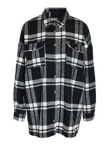 Produktbild: NOISY MAY Damen NMFLANNY L/S Long Shacket BG NOOS Langarmbluse, Black/Checks:White, XL
