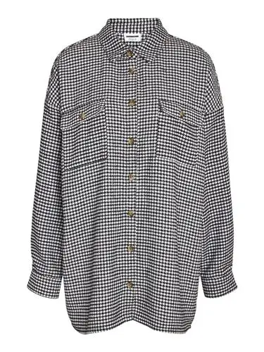 Produktbild: NOISY MAY Damen NMFLANNY L/S Long Shacket BG NOOS Langarmbluse, Bright White/Detail:Black HOUNDSTHOOTH, XS