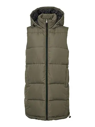 Produktbild: NOISY MAY Damen Lange Puffer Weste | Wattierte Stepp Übergangsjacke ohne Ärmel | mit Kapuze & Zip NMAURORA, Farben:Olive, Größe:38