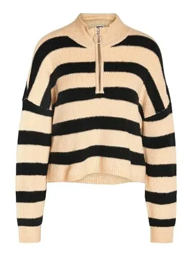 Produktbild: Noisy may Cropped Strickpullover Rundhals Kragen Reißverschluss Gestreiftes Langarm RIPP Shirt NMNEWALICE