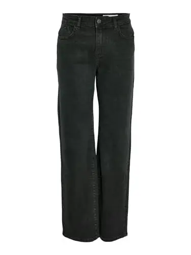 Produktbild: Noisy may Damen Denim Jeans Hose Wide Leg Mid Waist Stretch Pants NMYOLANDA, Farben:Schwarz-2, Größe:28W / 32L, Beinlänge:L32