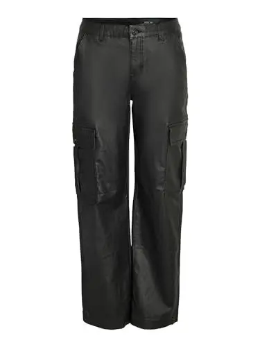 Produktbild: Noisy may Damen Kunstleder Cargo Stoffhose Wide Straight Leg High Waist Bootcut Pants PU Coated NMYOLANDA, Farben:Schwarz-2, Größe:S / 32L