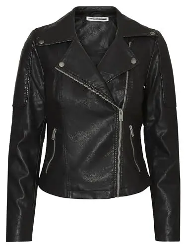 Produktbild: Noisy may Damen Kunstleder Jacke Biker Jacket Übergangsjacke Langarm Shacket PU Coated NMREBEL, Farben:Schwarz-2, Größe:S