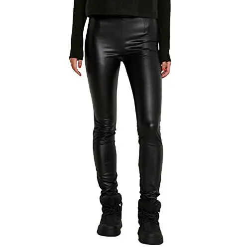 Produktbild: Noisy may Damen Kunstleder Slim Fit Hose High Waist Leggings PU Coated Pants NMALOHA, Farben:Schwarz-2, Größe:M