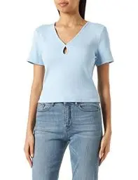 Produktbild: Noisy may Damen Kurzes RIPP Oberteil Slim Fit T-Shirt mit Cut-Out V-Ausschnitt Kurzarm Top NMMAYA, Farben:Blau-3, Größe:S