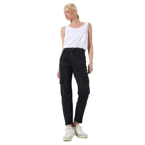 Produktbild: Noisy may Damen Slim Fit Jeans High Waist Denim Stretch Cargo Hose Straight Leg Utility Pants NMMONI