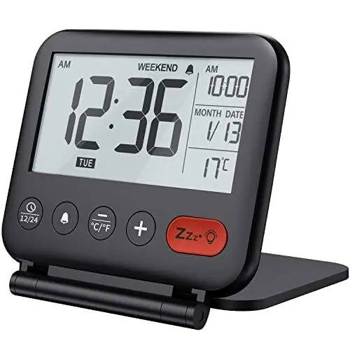 Produktbild: NOKLEAD Mini Digital Wecker - klein modern reisewecker mit temperaturanzeige, Datum, LCD Display, Snooze und Hintergrundbeleuchtung, batteriebetriebener tischuhr für Faltbarer Reise wecker (schwarz)